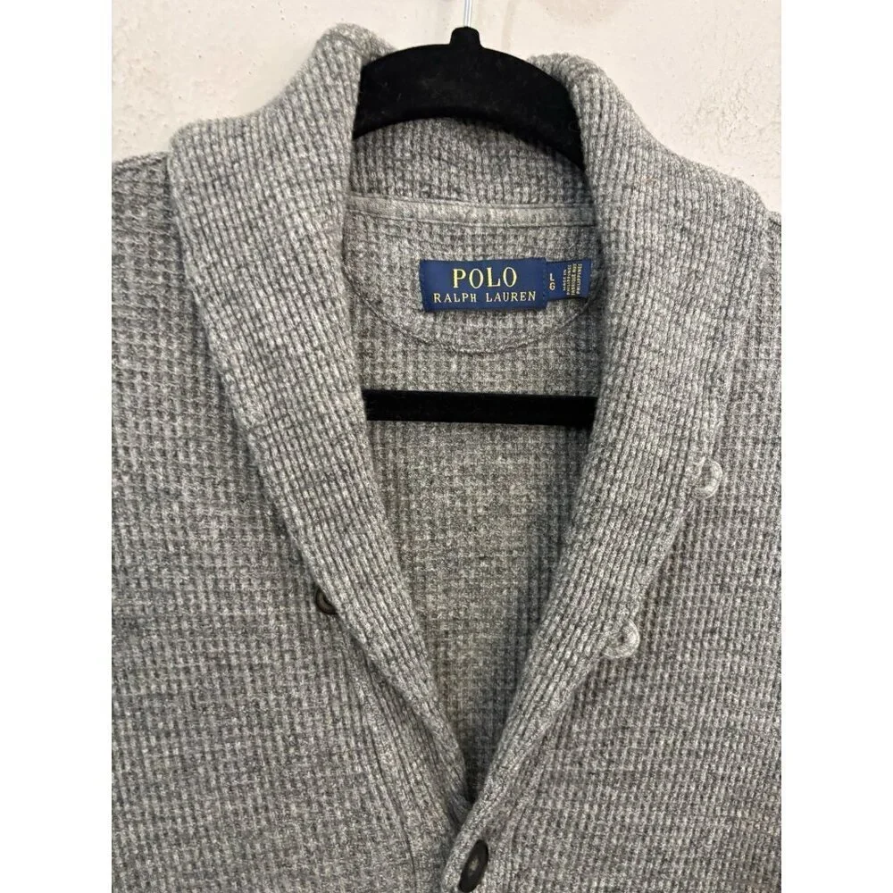 Polo Ralph Lauren Waffle Knit Gray Cardigan Collared Button Up Men large Grandpa